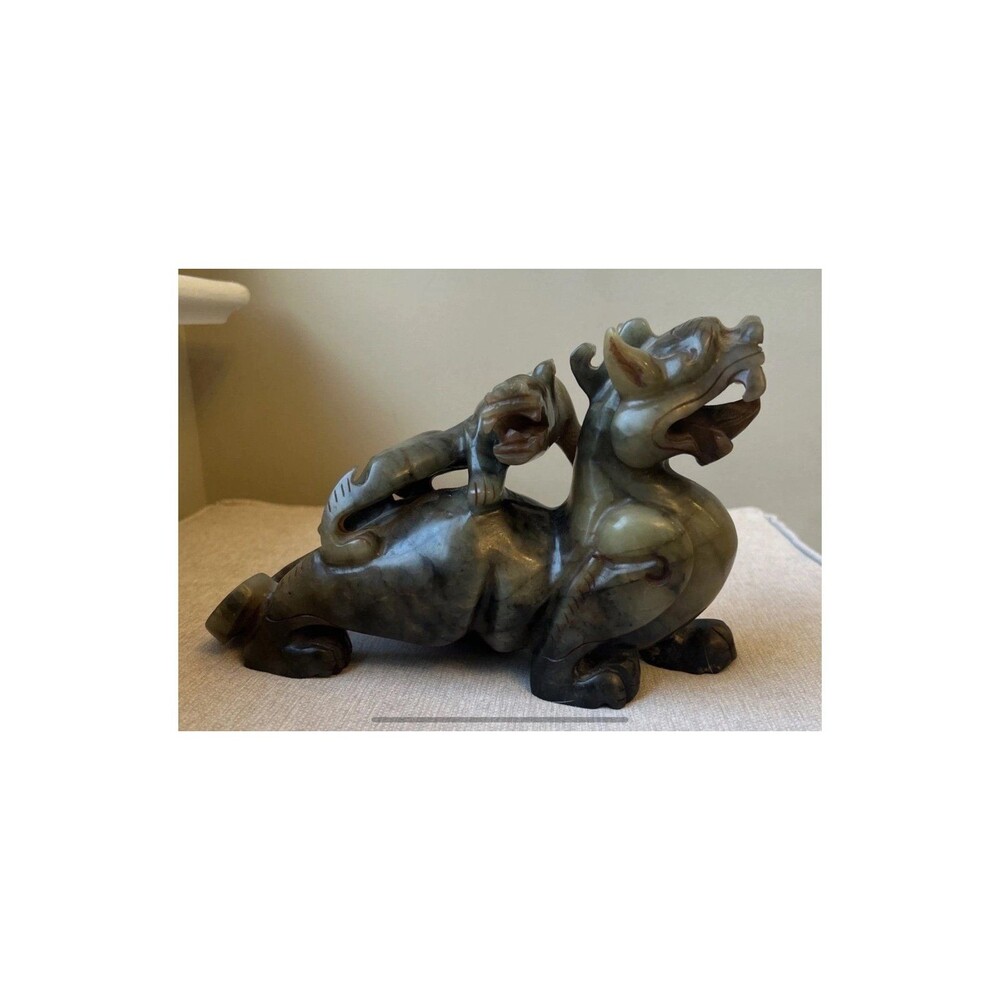 Chinese Green Jade/Hard Stone Figurine Dragon & Foo Dog Heavy Approx 5 LBS